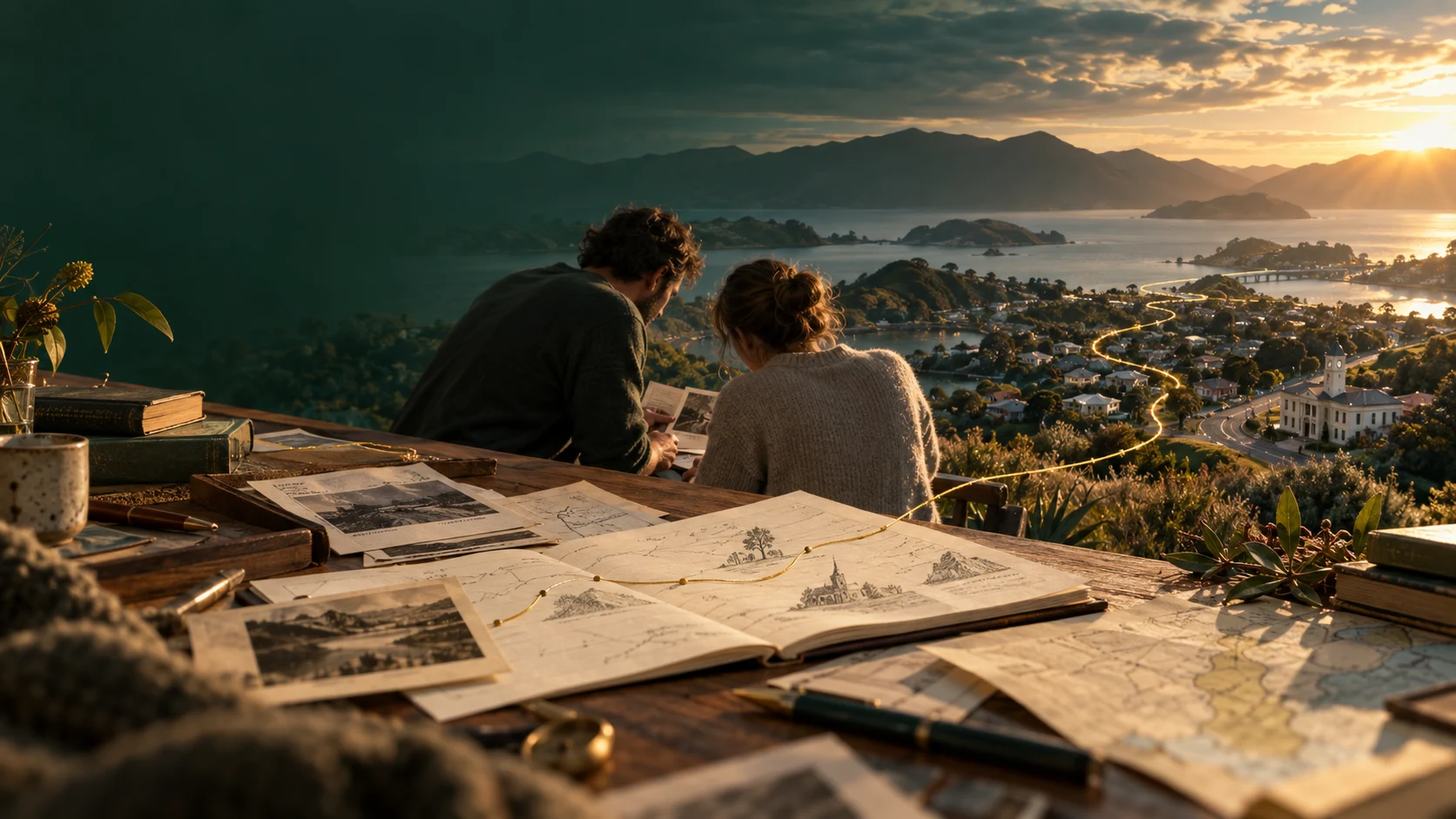 Concept artwork: source records on a desk, with gold threads connecting them to a wider community.